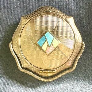 Vintage Silver Tone Makeup Ladies Compact with Colorful Deco Enamel Inlay